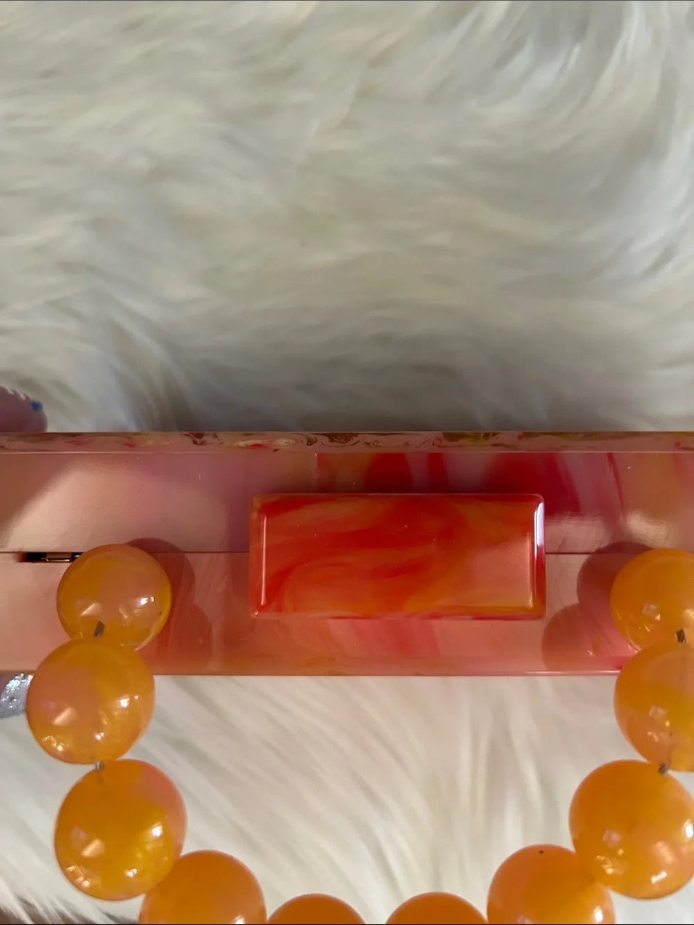 NWT Marbled Orange-Pink Acrylic Top-Handle Clutch w/ chain
